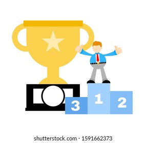 Businessman and trophy champion podium cartoon doodle flat design style vector illustration