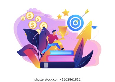 Businessman with trophy cup jumping on books to target and rising arrow. Motivation, job success, encouragement concept on white background. Bright vibrant violet vector isolated illustration