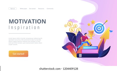 Businessman with trophy cup jumping on books to target and rising arrow. Motivation, job success, encouragement concept on white background. Website vibrant violet landing web page template.