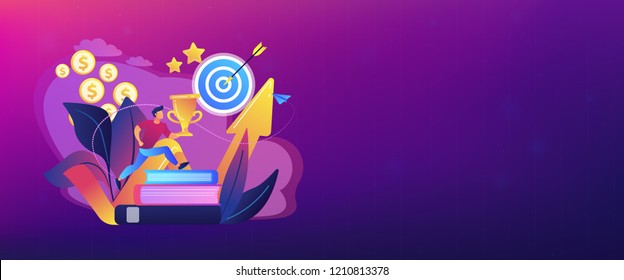 Businessman with trophy cup jumping on books to target and rising arrow. Motivation, job success, encouragement concept on white background. Header or footer banner template with copy space.