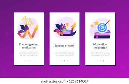 Businessman with trophy cup jumping on books to target and rising arrow. Motivation, job success, encouragement concept on white background. Mobile UI UX GUI template, app interface wireframe