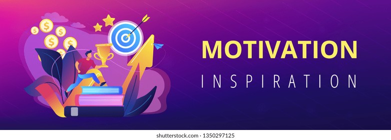 Businessman with trophy cup jumping on books to target and rising arrow. Motivation, job success, encouragement concept on white background. Header or footer banner template with copy space.