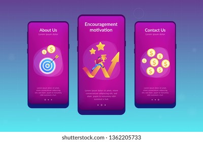 Businessman with trophy cup jumping on books to target and rising arrow. Motivation, job success, encouragement concept on white background. Mobile UI UX GUI template, app interface wireframe