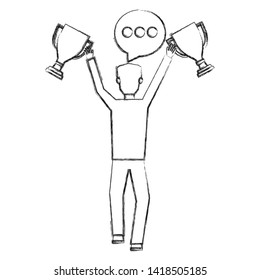 businessman with trophy cups and speech bubble vector illustration design