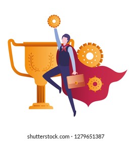 businessman with trophy and hero layer
