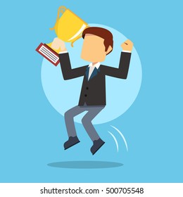 businessman with trophy jumping 