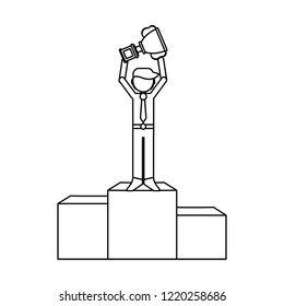 Businessman with trophy on podium black and white