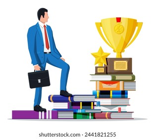 Hombre de negocios con trofeo en la pila de libros. Hombre de negocios con medalla. Educación y estudio. Éxito empresarial, triunfo, meta o logro. Ganadora de la competición. Ilustración vectorial estilo plano