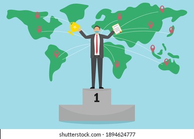 Businessman with trophy over the world 2D flat vector concept for banner, website, illustration, landing page, flyer, etc