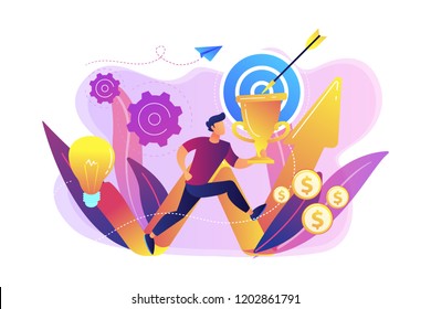 Businessman with trophy running and rising arrow. Business mission, mission statement, business goals and philosophies concept on white background. Bright vibrant violet vector isolated illustration