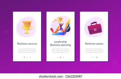 Businessman with trophy runs up stairs and growth chart. Business success, leadership, business assets and planning concept on white background. Mobile UI UX GUI template, app interface wireframe