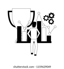 businessman trophy statistics chart and gears