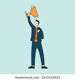 Businessman with trophy. Success, achievement, motivation, leadership, recognition, winning concept. Suitable for business presentations, websites, and marketing materials