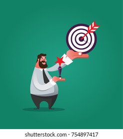 Businessman with trophy and target in the hands. Business success concept. Metaphor of the goal achievement.