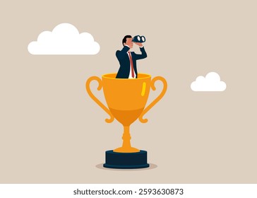 Businessman in Trophy and using binoculars to see business vision. Creativity to help see business opportunity, vision to discover new solution or idea, curiosity, searching for success. 