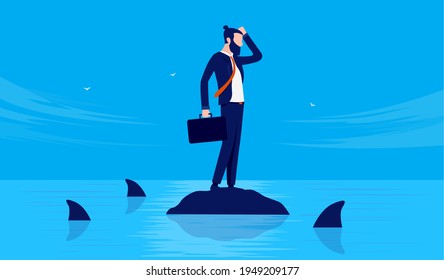 Businessman in trouble - Male person standing alone on rock in ocean with dangerous sharks swimming around. Business adversity concept. Vector illustration.