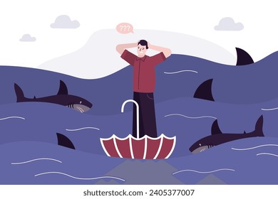 Businessman in troubles, male person standing alone on umbrella in ocean with dangerous sharks swimming around. Business adversity concept. Risk management, business loan, debt, bankruptcy. Vector