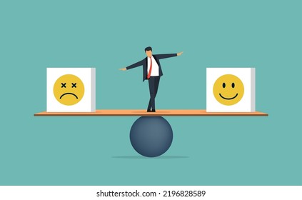 Businessman Try To Balancing His Emotion Concept, Emotional Intelligence Balance, Emotion Control Feeling Between Work Stressed Or Sadness And Happy