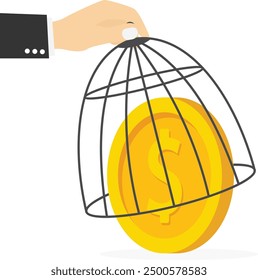 Businessman try bring dollar coins out from cage. metaphor of financial freedom, freedom of money. Modern vector illustration in flat style

