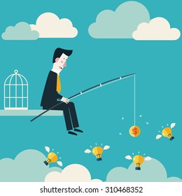 Businessman try to catch flying idea with fishing rod. Innovation, strategy and investment concept. Idea attracting money and money attracting ideas. Money making ideas concept. Vector modern design