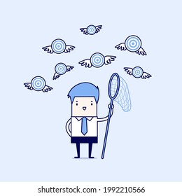 Businessman try to catch flying target. Cartoon character thin line style vector.