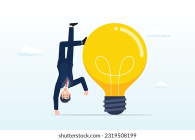 Businessman try different pose to think with idea light bulb, think different to create unique idea, try another solution to solve business problem, creativity to develop, discover new thing (Vector)