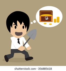 Businessman try to find the treasure Chest, vector illustration