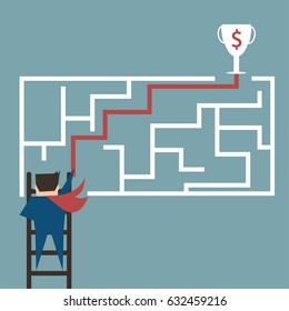 Businessman try to finding cup award of a maze puzzle,flat vector design.
