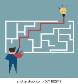 Businessman try to finding idea of a maze puzzle,flat vector design.
