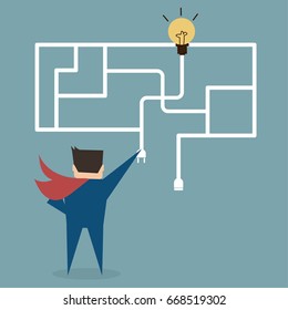 Businessman try to finding idea of a maze puzzle,flat vector design. 