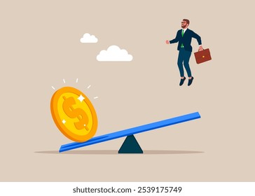 Businessman try to fly high in the sky to get rising up on price graph. Business loan or venture capital funding to start new companies or money. Flat vector illustration