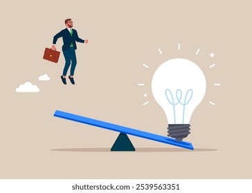 Businessman try to fly high in the sky to get rising up light bulb  idea. Modern vector illustration in flat style