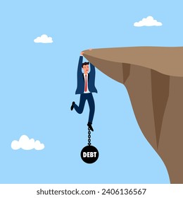 Businessman try hard to hold on the cliff with debt burden. Financial problem.