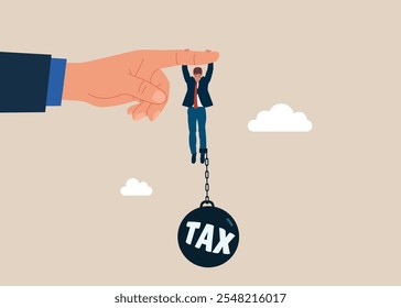 Businessman try hard to hold on the fingers with tax burden. Flat vector illustration