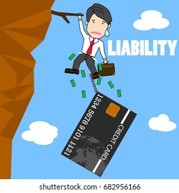 Businessman try hard to hold on the cliff with card burden. Funny flat vector concept.
