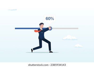 Businessman try hard to push working progress bar to finish in deadline, working project progress, effort to finish work or achieve business success, accomplishment, ambition (Vector)