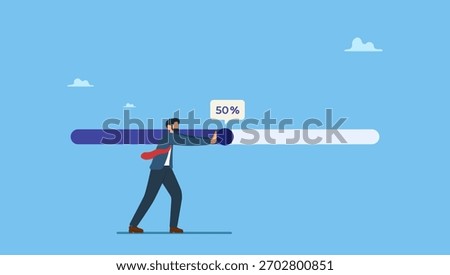 Businessman try hard to push working progress bar to finish in deadline. Working project progress, effort to finish work or achieve business success, accomplishment, ambition or career challenge.