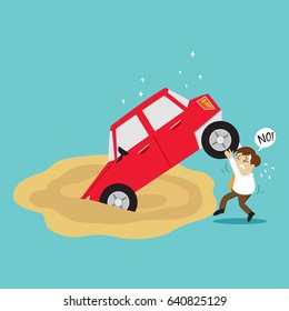 Businessman try to keep car sinking in quick sand, vector illustration cartoon