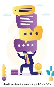 Businessman try lift huge dialogue bubbles. Tired employee holds pile of speech bubbles, business man withstand pressure of speech bubble. Difficulties with negotiation, problems with communication.