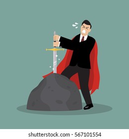 Businessman try to pull sword from stone. Busness concept