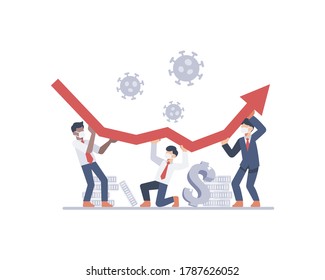 A businessman try to raise the business or economic chart arrow to fight with coronavirus pandemic vector illustration