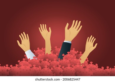 Businessman try raise hand need help drowning in economic Crisis form CCOVID-19 Coronavirus and survive outbreak virus. illustration Vector