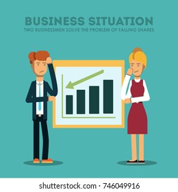 Businessman and Businessman try to solve the problem of business decline. Vector, Illustration, Flat.