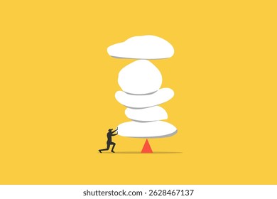Businessman try stability heavy rock boulder. concept of Work responsibility, pressure or problem, debt burden or difficulty challenge, struggle, or overworked, effort or punishment