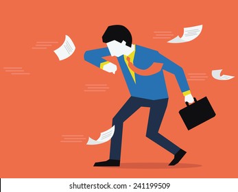 Businessman try to stand against the strong wind, business concept in facing problem. Flat design. 