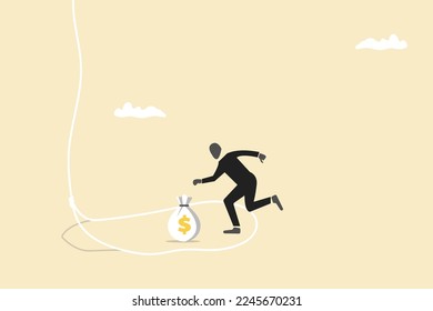 Businessman try to step into tricky rope trap to get money. concept of Money trap, danger fraud, financial or investment problem.