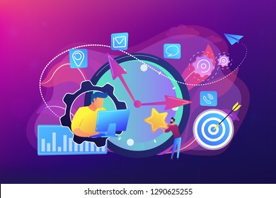 Businessman trying to accomplish tasks and goals on time and big clock and computer. Time management, effective time spending, time planning concept. Bright vibrant violet vector isolated illustration