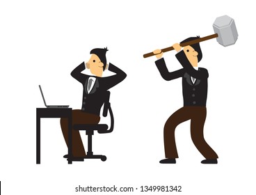 Businessman Trying To Attack His Co-worker In His Office. Concept Of Corporate Sabotage Or Business Misfortune. Isolated Vector Illustration.