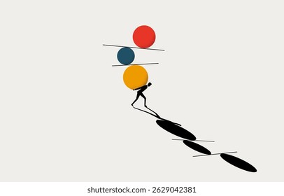 Empresário tentando equilibrar bolas em suas costas, luta pelo equilíbrio da vida profissional, conceito, design de negócio mínimo.
