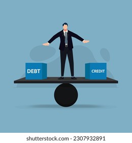 Businessman trying to balance between DEBT and CREDIT design vector illustration